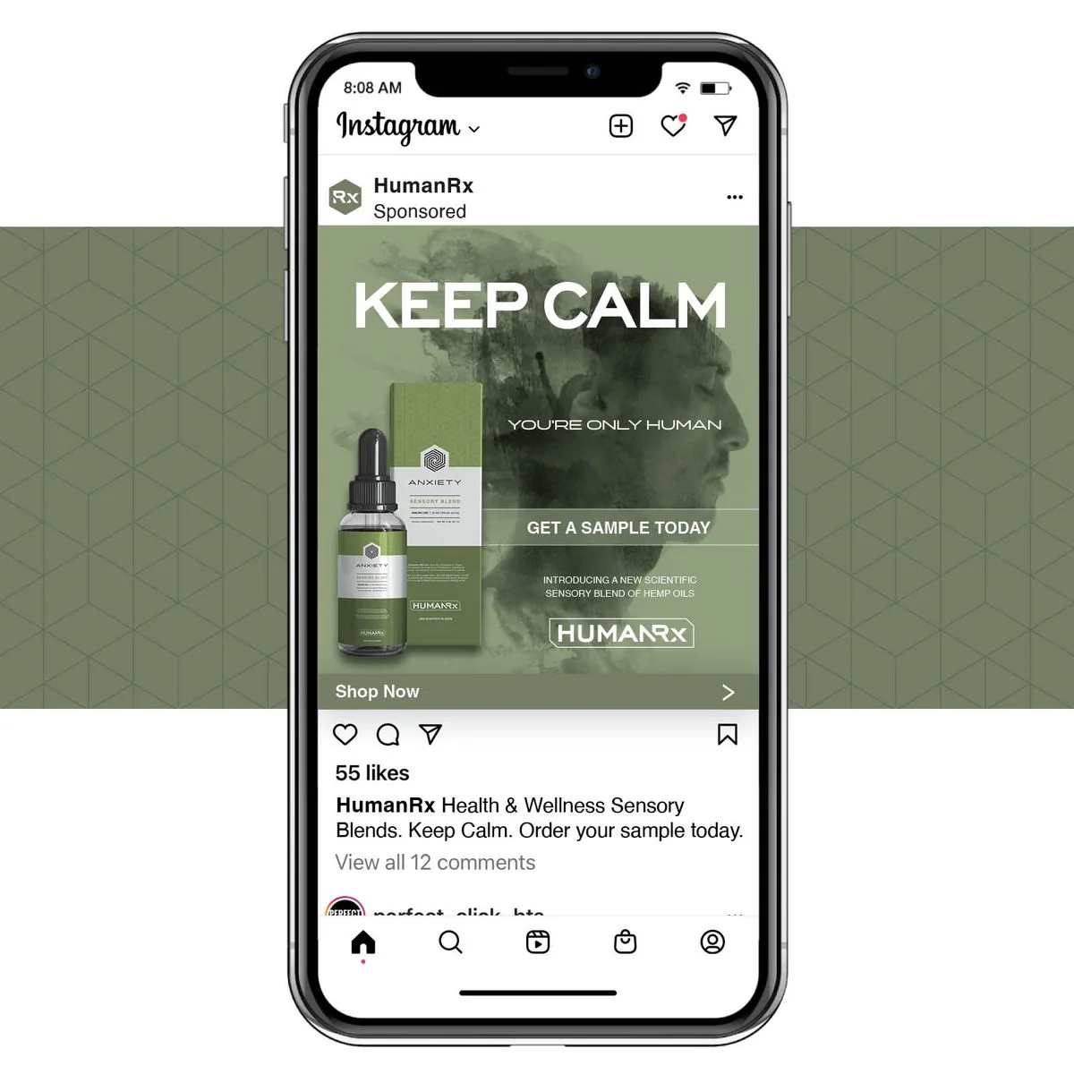 Sponsored “Keep Calm” Instagram post on a phone